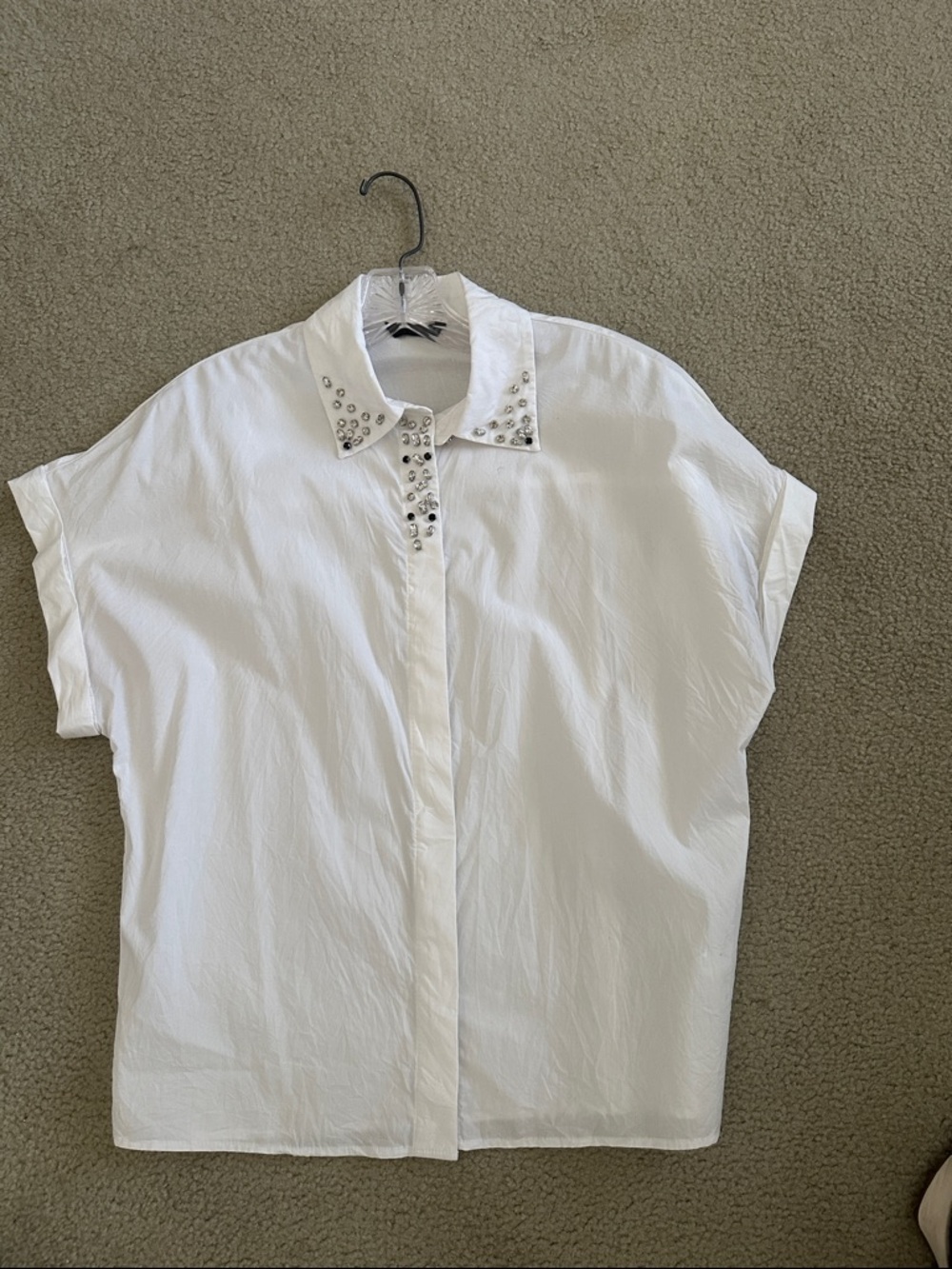 Zara White Stud-Embellished Short Sleeve Button Front Blouse